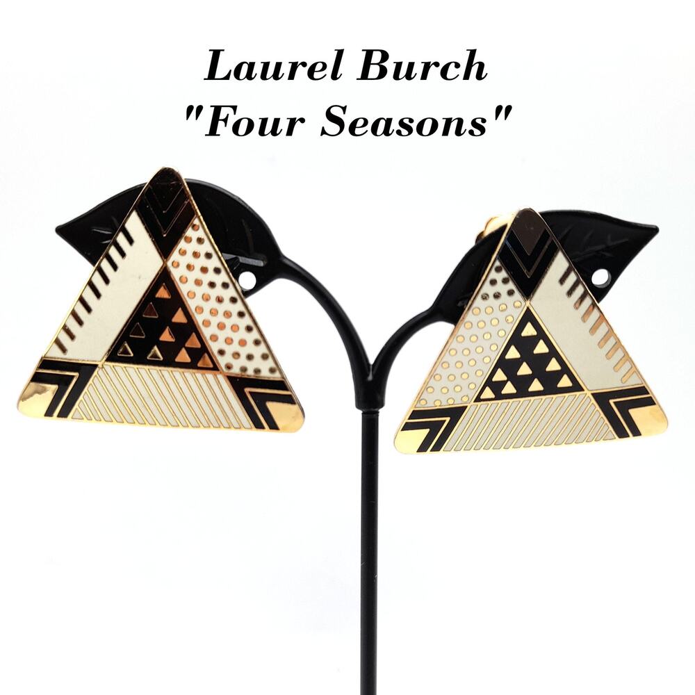Laurel Burch Large Geometric Clip Earrings, Black White Enamel, Gold Plated